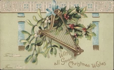 XMAS Harp,Mistletoe & Holly with Christmas Wishes Original Vintage Postcard
