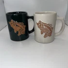 Pair Of Vintage Frankoma Pottery 3D Bass Fish Green/white Coffee Tea Mug cup