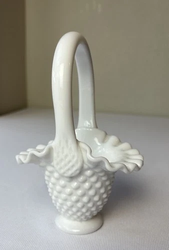 Fenton Milk Glass Hobnail Ruffle Basket Candy Dish