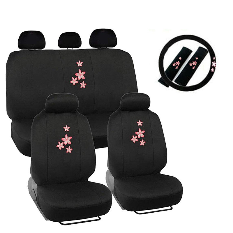 14pc PINK Flowers Logo Black Car Front Back Seat Covers Steering Wheel