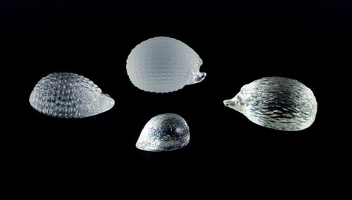 Four hedgehogs in clear art glass.  1970s/1980s.