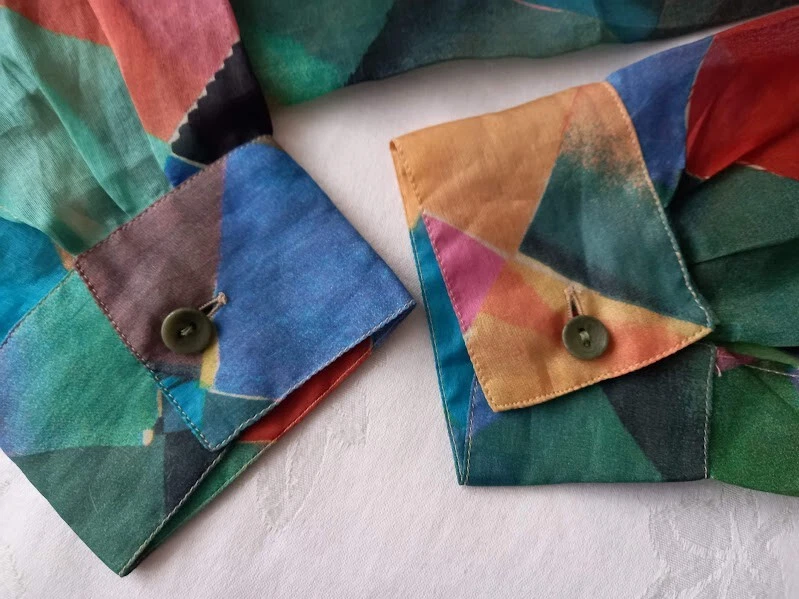 Camicetta vintage anni 90 designer KENZO Paris funky seta multicolore trasparente 38 F 10 Regno Unito