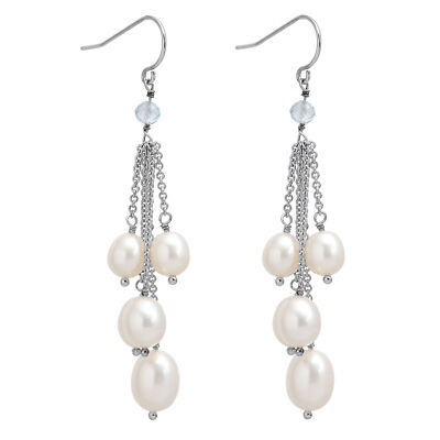 Earrings Real Silver 925 Sterling Silver Pearl and Aquamarine Drop Earrings 6.4cm