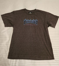 THRASHER MAGAZINE Flame Logo T Shirt Grey Baby Blue Unisex Small