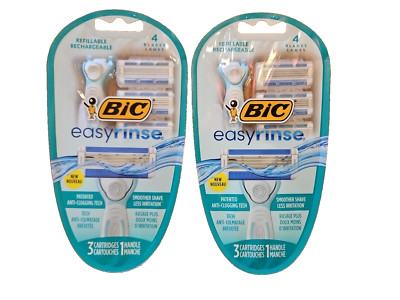 Lot of 2 Bic Easy Rinse Anti-Clog 4 Blade Razors 1 Handle 3 Refill Heads