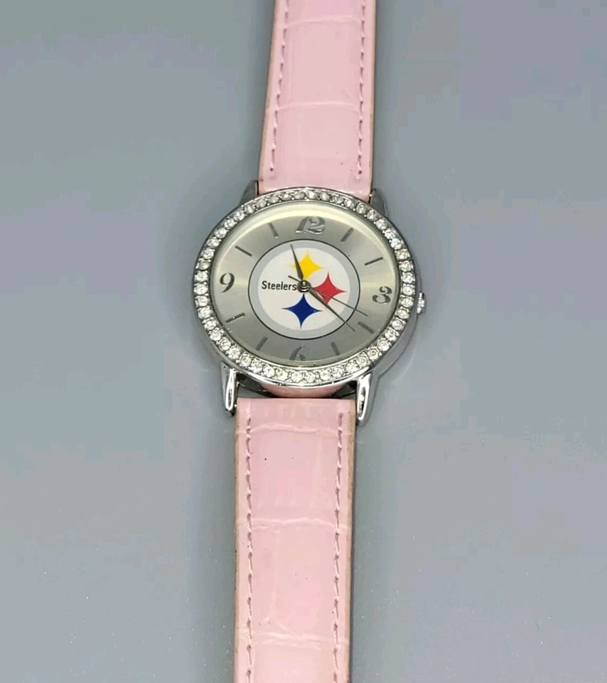 Vtg Avon Game Time Pittsburgh Steelers Silver Tone Crystal Bezel Pink Band Watch - Image 3 of 4