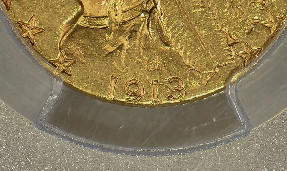 1913-S $5 Indian Head Half Eagle "Error"  PCGS AU55 CAC Wire Struck-Thru date - Image 3 of 3