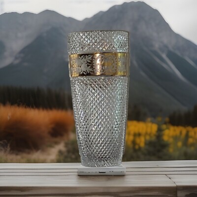 Rare Bohemian Czech Moser 24CT Gold Floral Engraved Cut To Clear Vase 10 1/4'' T