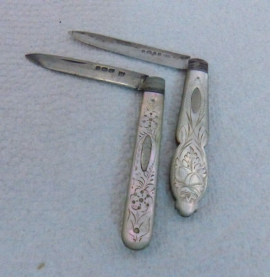 Two Antique 19th Century MOP Fancy Folding Silver Blade Pocket Fruit Knives