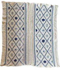 VINTAGE Blanket Throw 41  X 49  White Blues Flowers Baby Crochet Knit Diamonds
