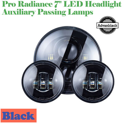 Black Pro Radiance 7'' LED Headlight Auxiliary Passing Lamps Fits Harley/Softail