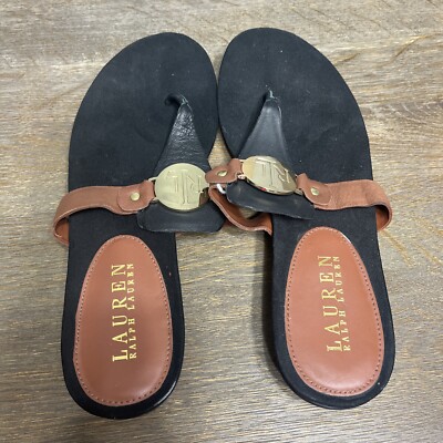 Lauren Ralph Lauren Black Sandal Flip Flops Gold Women's Sz