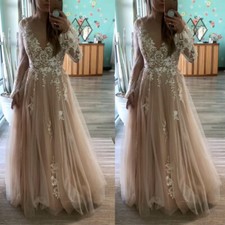 Beach Champagne Wedding Dresses Long Sleeve V Neck Lace A Line Boho Bridal Gowns