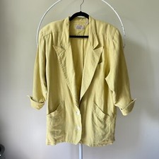 Vtg 1980s Liz Claiborne Citron Green Linen Oversize Power Blazer Jacket M L
