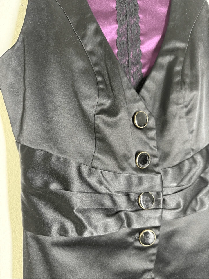 Colete de cetim feminino vintage Studio Y preto com botões mistura de algodão tamanho M forrado - Imagem 2 de 4