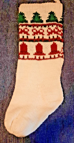 Large Christmas Stocking Off-White Wool Knit Trees Bells Bows 21" tall
