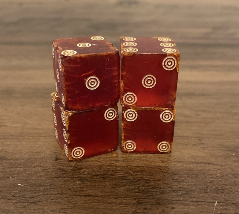 TWO PAIRS OF VTG RED LUCITE? WITH WHITE (BULLS-EYE) DOTS CASINO DICE