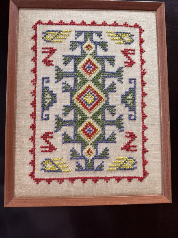 Sampler/ Needlework Hand Cross-Stitched Slavic/Aztec/ Native American Design vtg