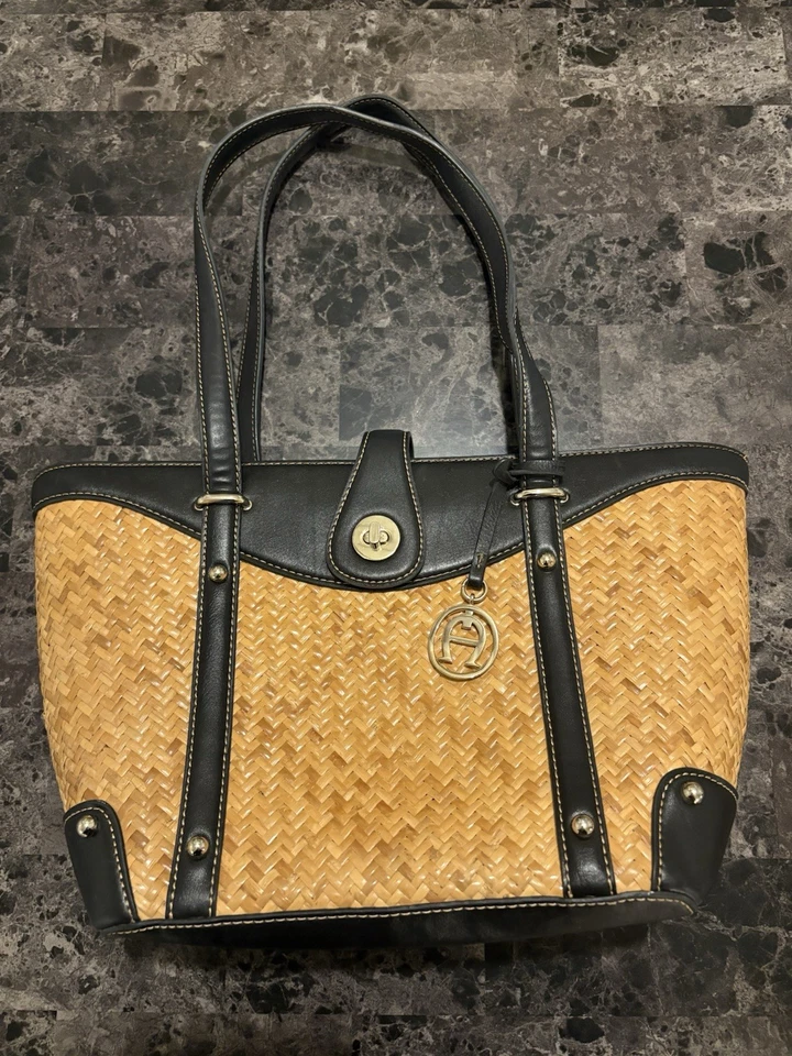 Etienne Aigner Woven Rattan Straw Tote Shoulder Bag Leather Accents Logo Charm - Image 3 of 4