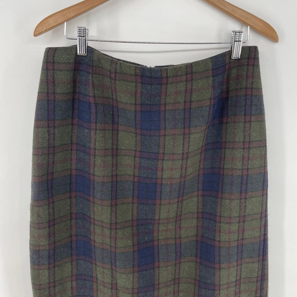 Vintage Midi Blanket Fringe Skirt 16P Wool Blend Green Red Blue Plaid Money - Image 2 of 4