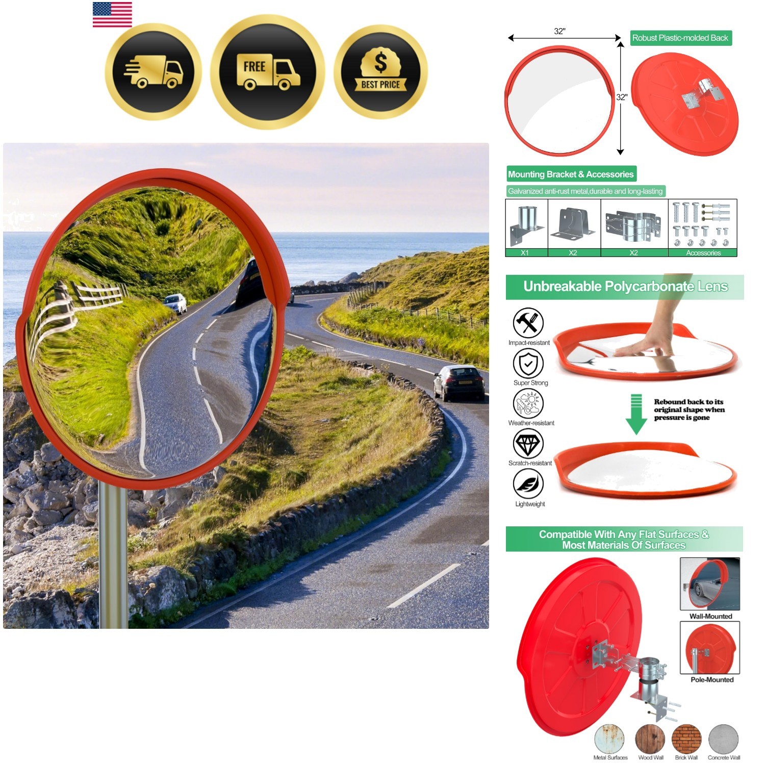 32" Convex Security Mirror,Curved Safety Traffic Road Driveway Mirror,Adjusta...