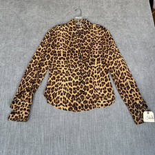 Womens Shirt Top Black Brown Wild Jungle Leopard Print Long Sleeve Button-Up