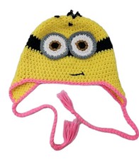 Handmade Crochet Minion Novelty Beanie Hat Adult Size Ear Flap Tassel
