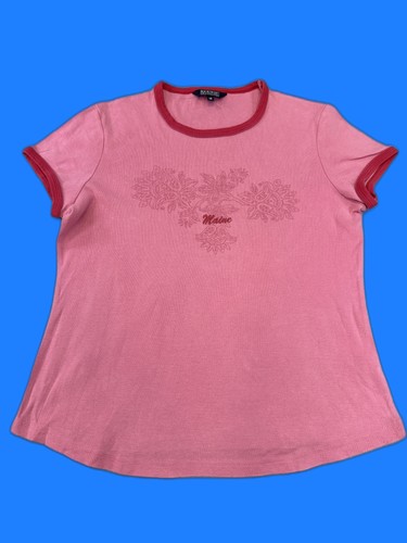 MAINE NEW ENGLAND Floral Graphic Ringer Tee Womens 14 Pink Cotton Blend Short