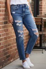 American Eagle Mom Jeans Women Size 4 High Rise Distressed Light Acid Wash Blue