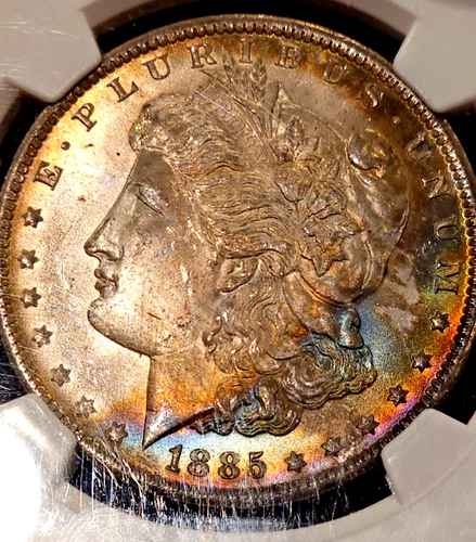 1885 O Morgan Silver Dollar MS 64 Rainbow Toning Golden Reverse CAC Sticker