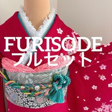 Almost unused, pure silk long-sleeved kimono set, lame, cherry blossom pattern,
