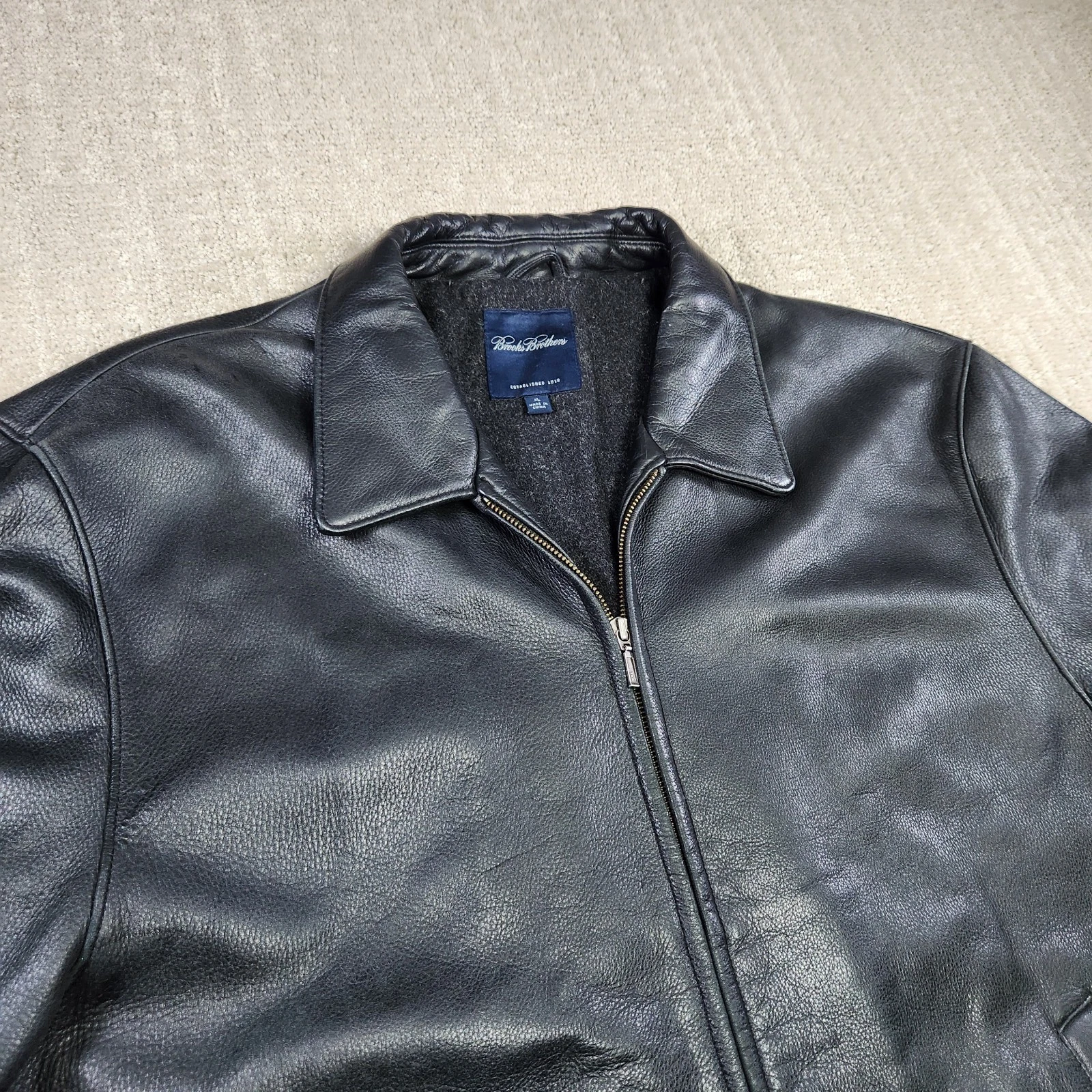 Brooks Brothers Leather Jacket Men XL Black Bomber Wool Blanket Lined Heavy - product detail image 1