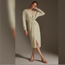 Anthropologie V-Neck Knot Front Midi Dress Sage Green Boho Size 8