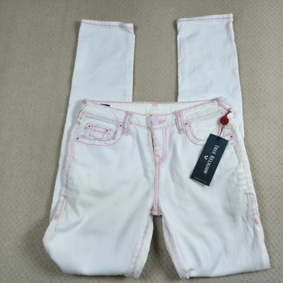 NWT True Religion Jeans Sz 16 White Pink Stitch Casey Super Skinny Leg Mid Rise 