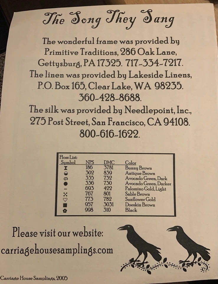 Образцы Carriage House ~ Узор для Вышивки Крестом The Song They Sang ~ 2005 - Изображение 3 из 3