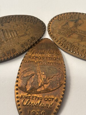 1936 Great Lakes Expo Cleveland Ohio U. S. A. Penny Coins Elongated 3 Different
