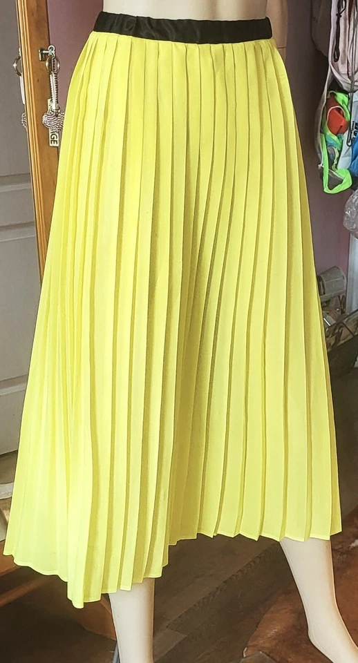 NUEVO HECHO A MANO Falda Plisada Elástica Cintura Pull On SEMY TRANSPARENTE AMARILLO TALLA L-XL Foto 3 de 4