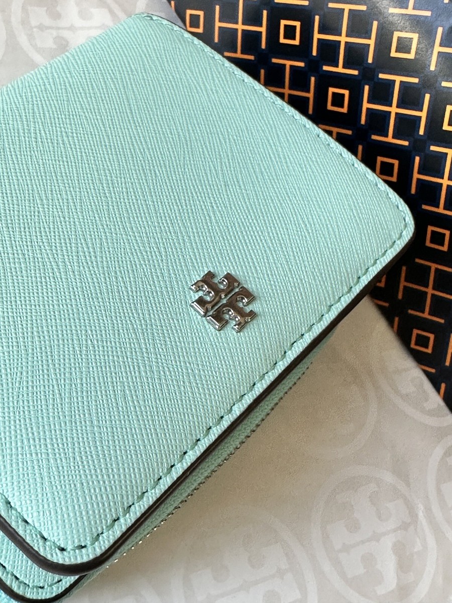 NEW Tory Burch Women Emerson Mini Wallet Zip Color SOFT AQUA Card