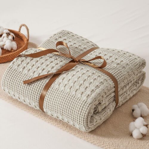 100% Cotton Waffle Weave Throw Bed Blanket Queen Size, Lightweight Breathable...