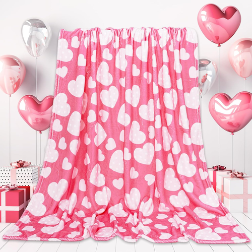 Valentine'S Day Fuzzy Blanket Pink Love Heart Throw Blanket Polka Dots Heart Pat
