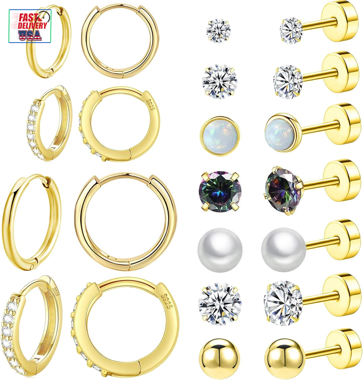 Surgical Steel Flat Back Earrings Set for Multiple Piercing Sensitive Ears,Sterl