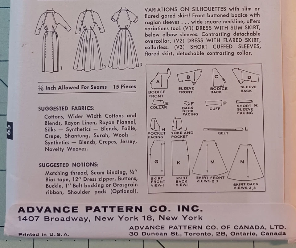 Sz 14.5 Vtg 50s Dress Slim or Flared  UC FF Advance 8500 Pattern VG Condition  - Image 3 of 4