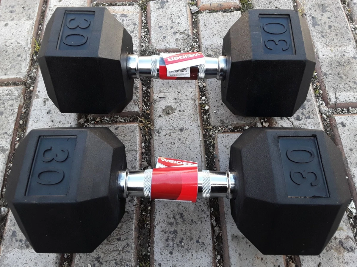 2 Weider Rubber Coated Hex Dumbbells Weights 30 lb Pair 60 lbs Set Black Chrome