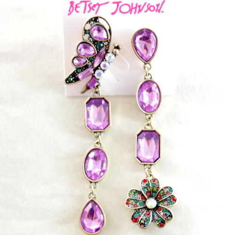 3.75" BETSEY JOHNSON ASYMMETRICAL CRYSTAL BUTTERFLY FLOWER DROP DANGLE EARRINGS - Picture 3 of 19
