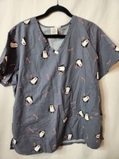 Women's Medical Scrub Top XL Christmas Penguins Candy Canes Winter Holiday