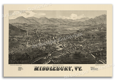 1886 Middlebury Vermont Vintage Old Panoramic City Map - 24x36
