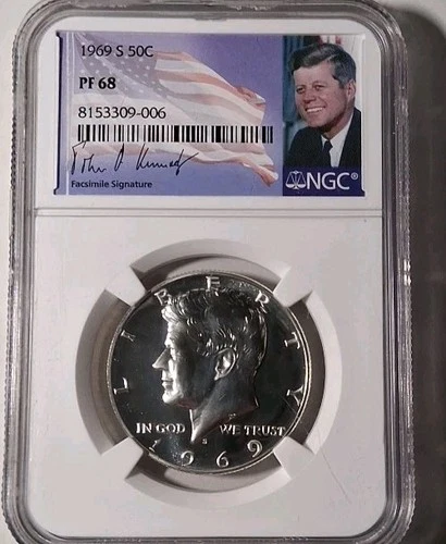 1969-S PF68 NGC Kennedy Silver Half Dollar, Proof Beauty, W/ Flag + Portrait