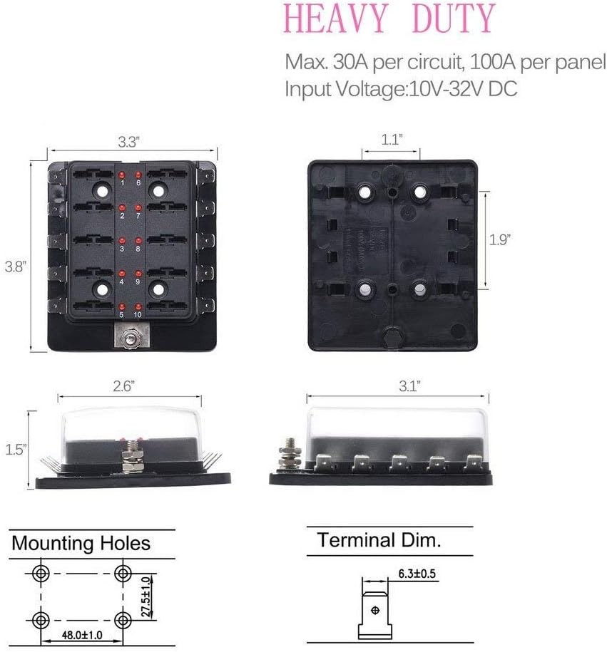 10 Way DC 12~32V Blade Fuse Box Holder Fuse Block with LED Warning Light 10 way