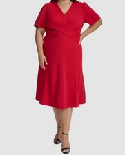 Tommy Hilfiger Women's Red Scuba-Crepe V-Neck Fit & Flare Dress Plus Sz 16W
