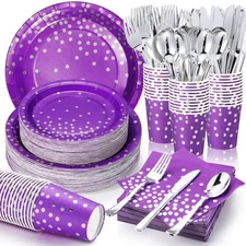 560 Pcs Purple and Silver Party Supplies Disposable Dinnerware Set for 80 Gue...